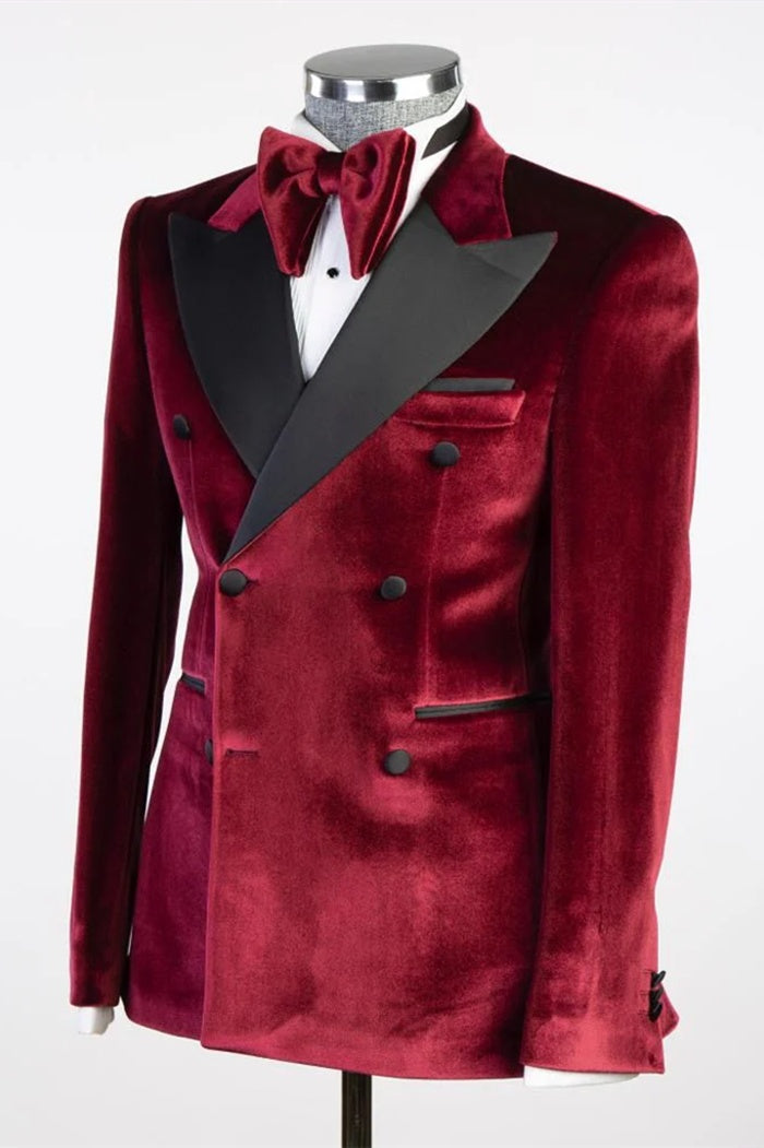 Fashion Burgundy Velvet Double Breasted Men Suits For Prom