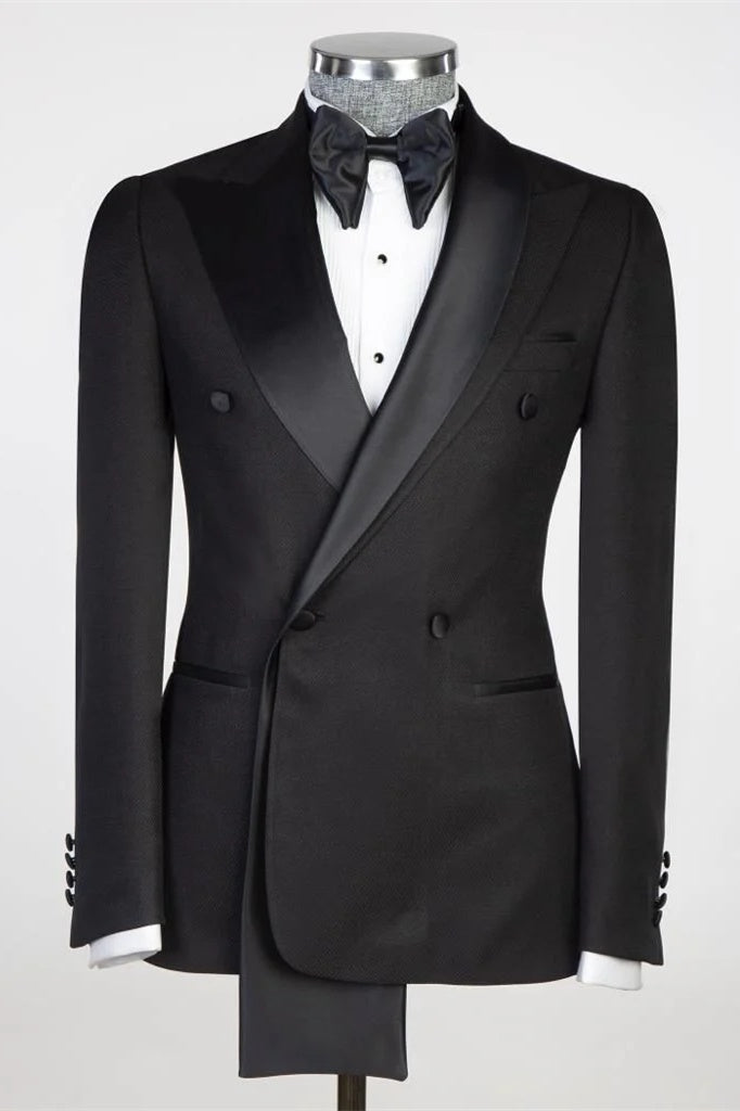 Trendy Black Peaked Lapel Double Breasted Prom Suits