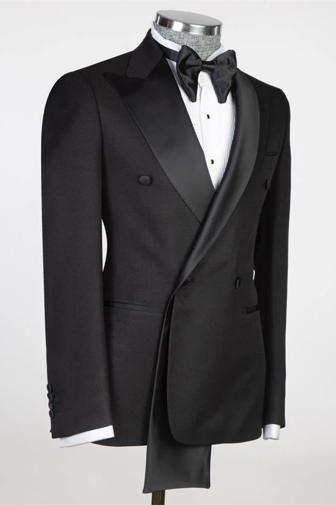 Trendy Black Peaked Lapel Double Breasted Prom Suits