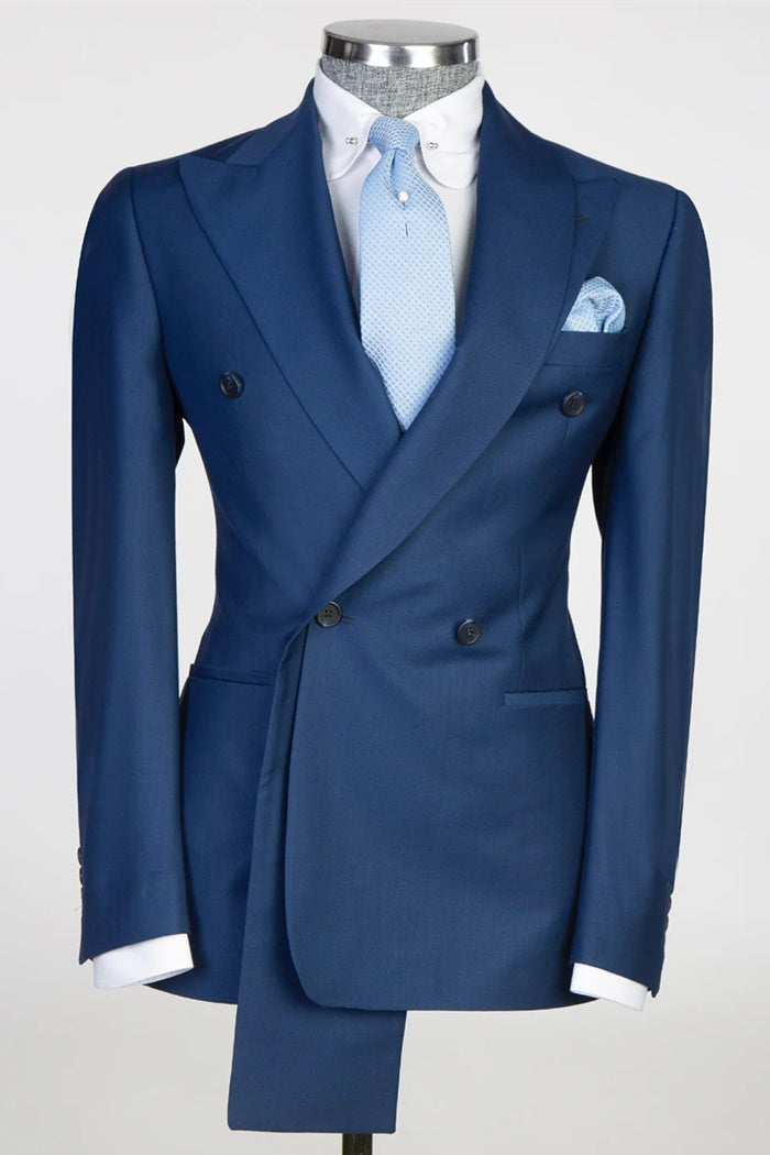 Modern Dark Blue Peaked Lapel Double Breasted Prom Suits