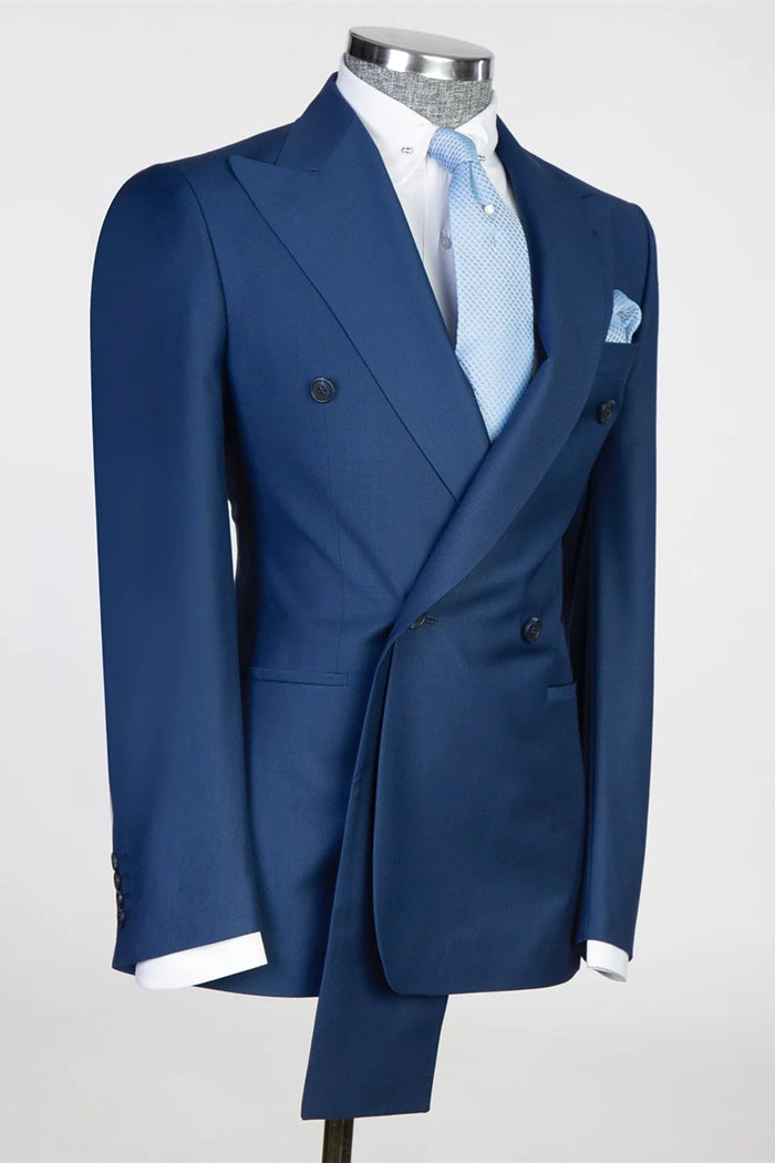 Modern Dark Blue Peaked Lapel Double Breasted Prom Suits