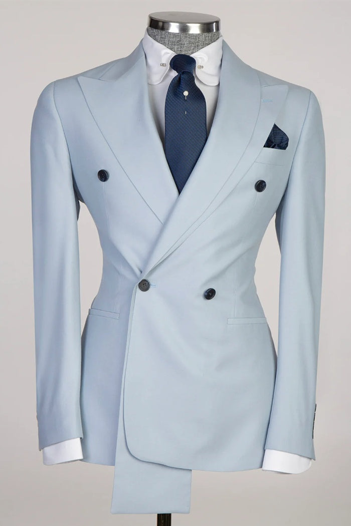 Generous Sky Blue Peaked Lapel Double Breasted Prom Suits