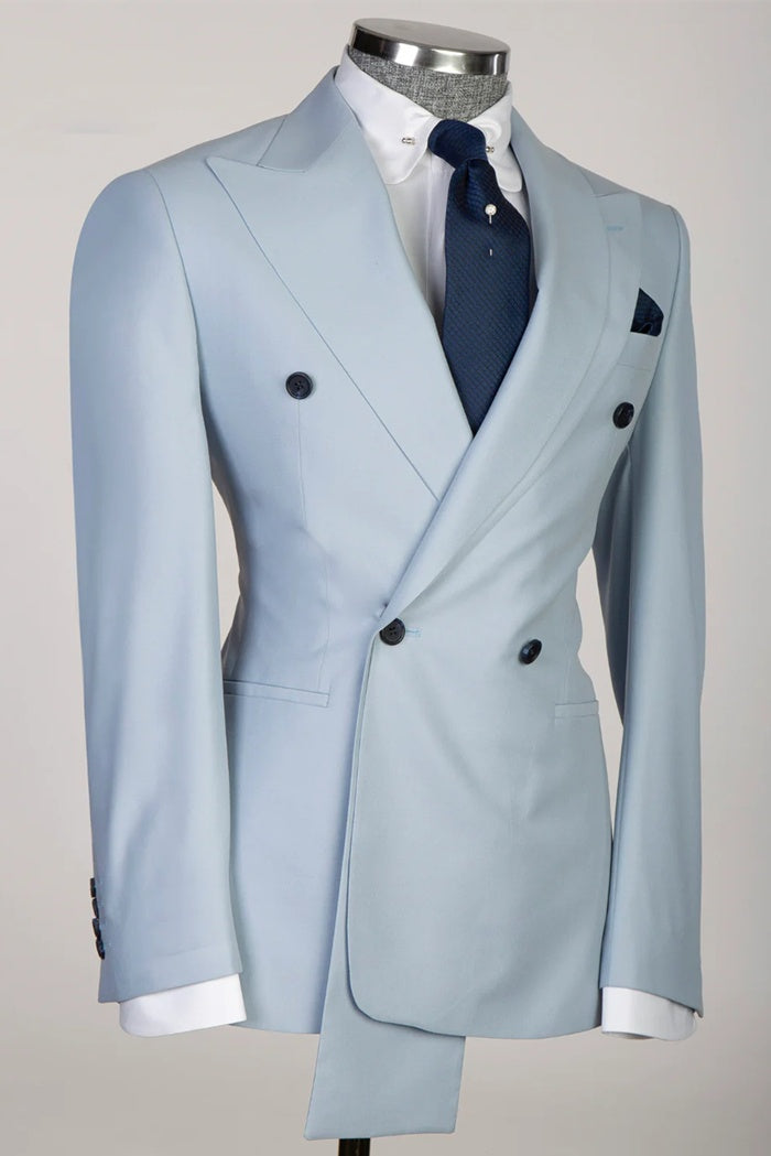 Generous Sky Blue Peaked Lapel Double Breasted Prom Suits