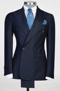 Trendy Navy Blue Peaked Lapel Double Breasted Prom Suits