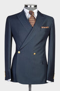 Modern Dark Blue Pinstriped Double Breasted Business Suits