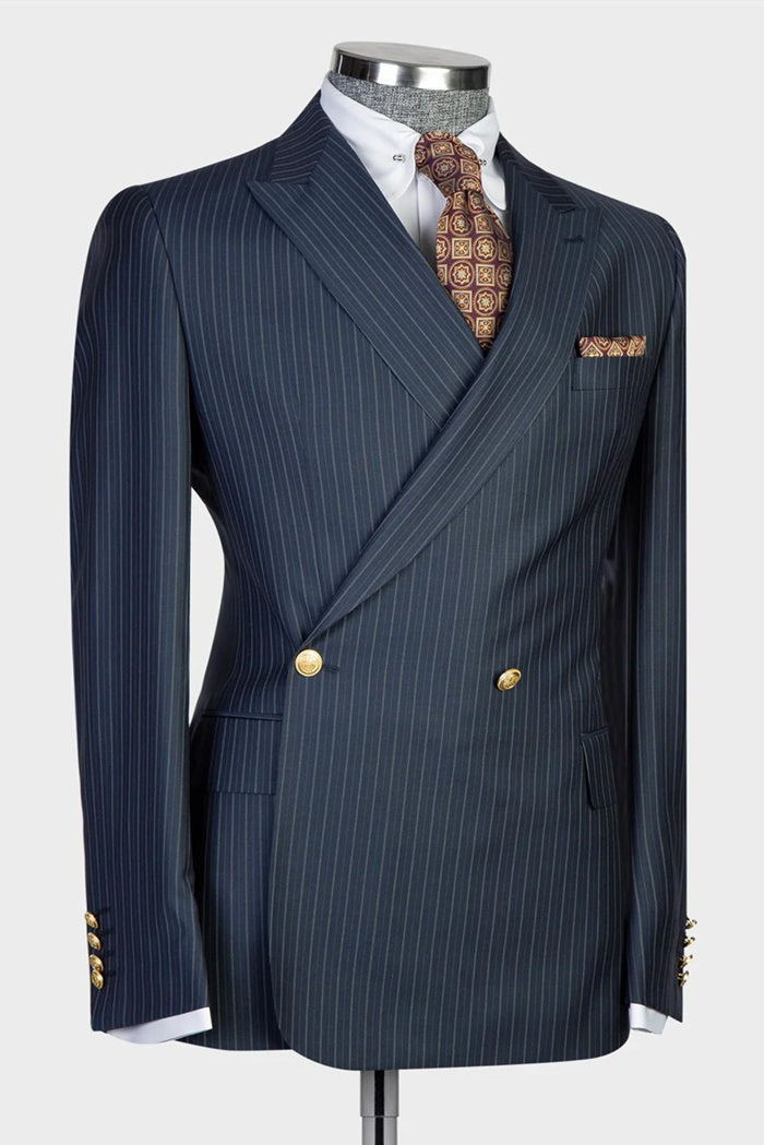 Modern Dark Blue Pinstriped Double Breasted Business Suits