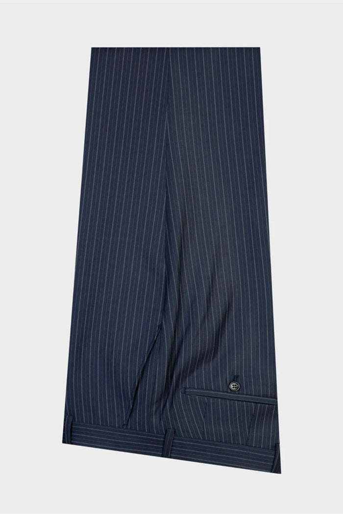 Modern Dark Blue Pinstriped Double Breasted Business Suits