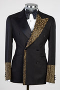 Newest Black Peaked Lapel Double Breasted Prom Suits With Gold Beading