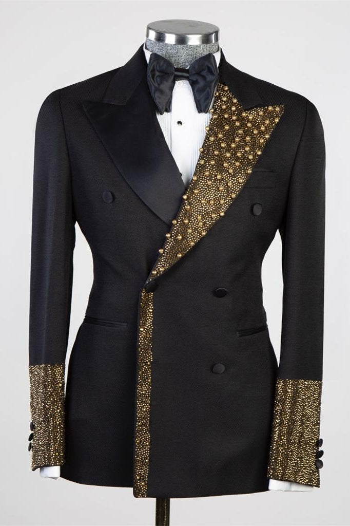 Newest Black Peaked Lapel Double Breasted Prom Suits With Gold Beading
