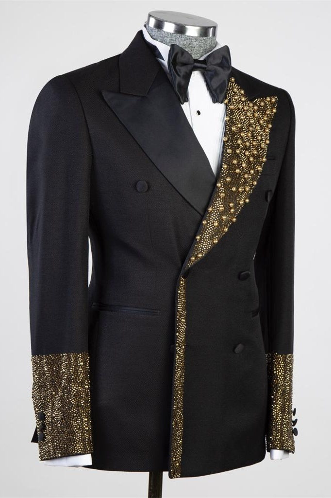 Newest Black Peaked Lapel Double Breasted Prom Suits With Gold Beading