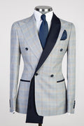 Bespoke Light Blue Peaked Lapel Double Breasted Plaid Prom Suits