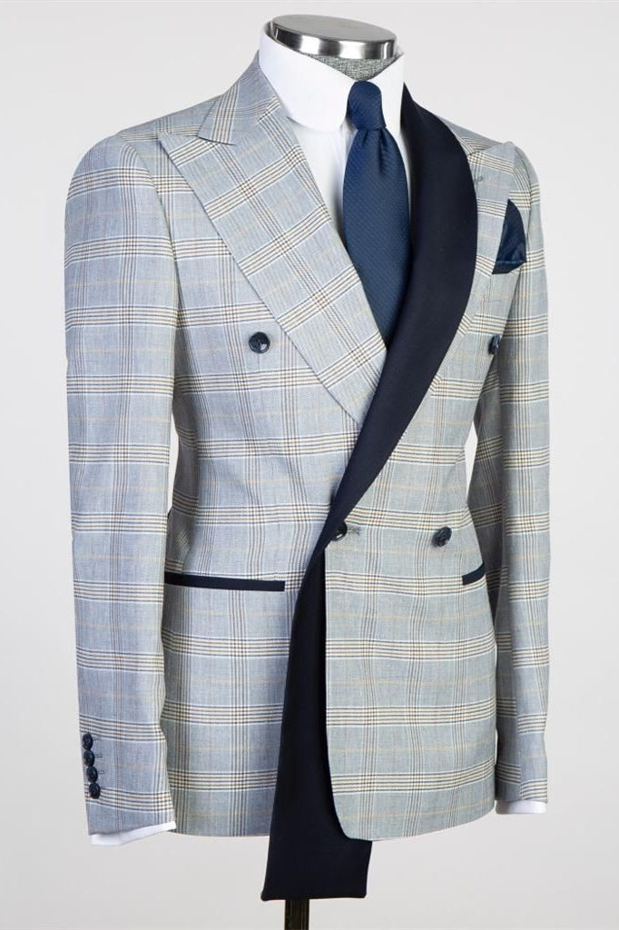 Bespoke Light Blue Peaked Lapel Double Breasted Plaid Prom Suits