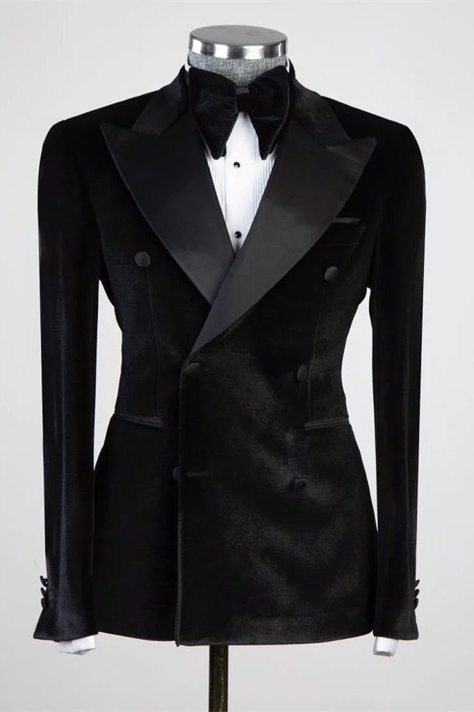 Trendy Black Velvet Double Breasted Prom Suits With Satin Lapel