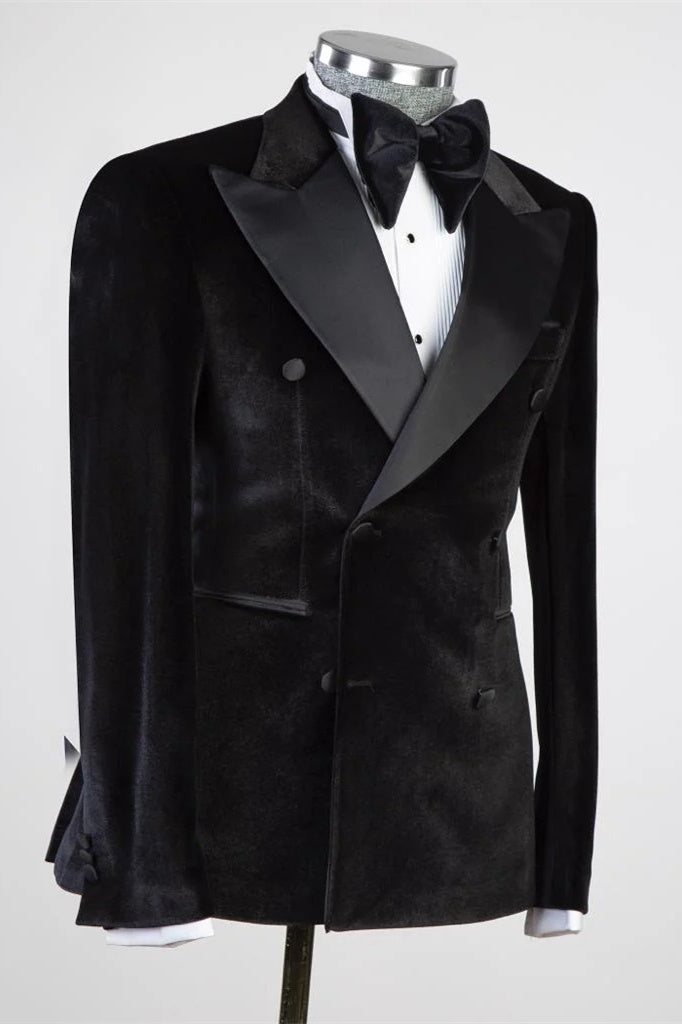 Trendy Black Velvet Double Breasted Prom Suits With Satin Lapel