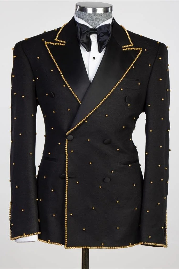 Sparkle Black Peaked Lapel Double Breasted Prom Suits With Gold Beading
