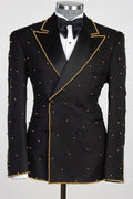 Sparkle Black Peaked Lapel Double Breasted Prom Suits With Gold Beading