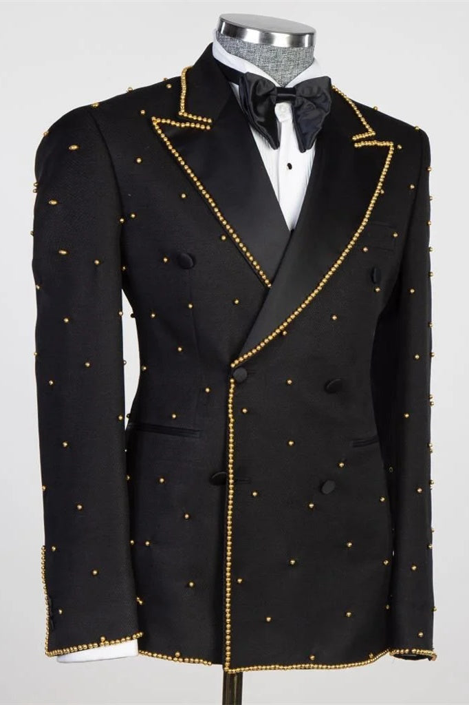 Sparkle Black Peaked Lapel Double Breasted Prom Suits With Gold Beading