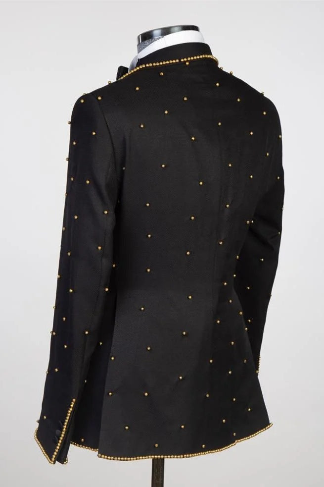 Sparkle Black Peaked Lapel Double Breasted Prom Suits With Gold Beading