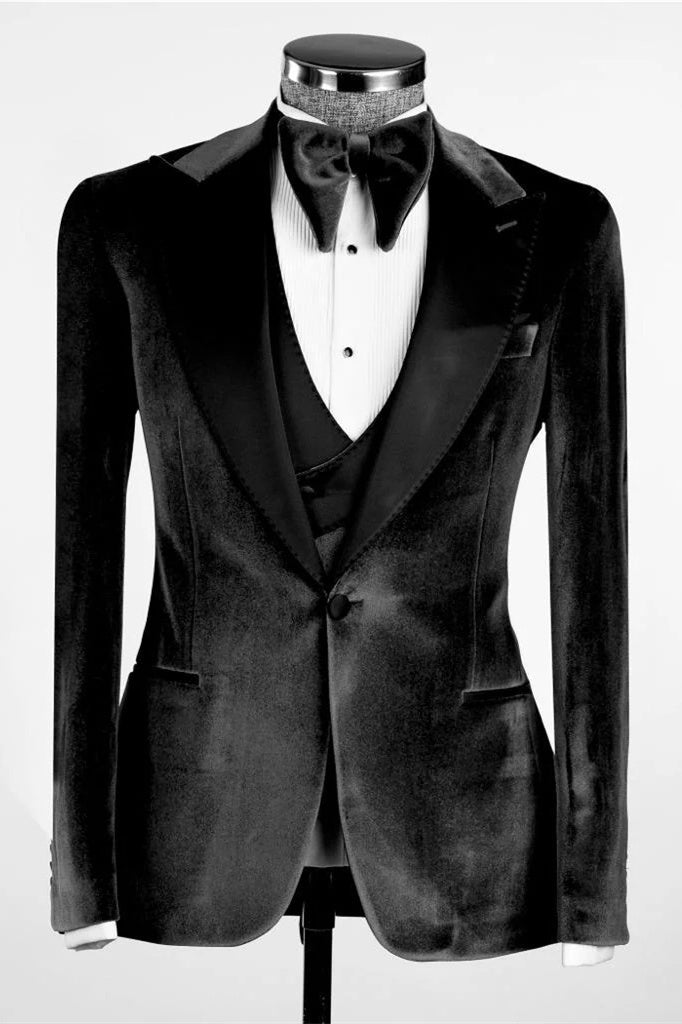 Chic Black Velvet 3 Pieces Business Suits With Waistcoat