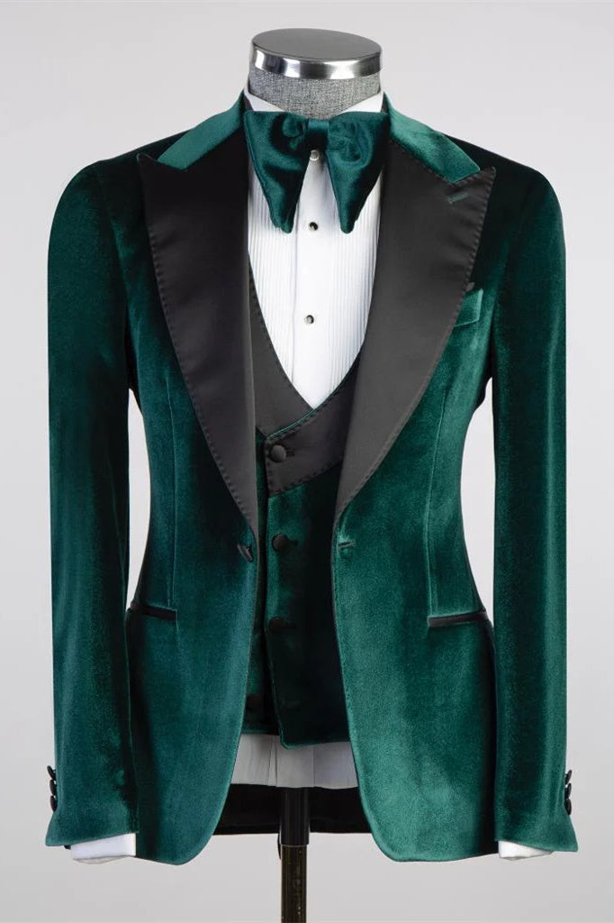 Popular Dark Green Velvet 3 Pieces Prom Suits With Waistcoat