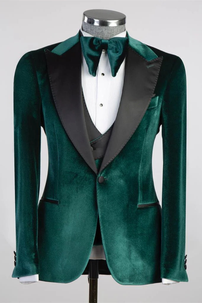 Popular Dark Green Velvet 3 Pieces Prom Suits With Waistcoat