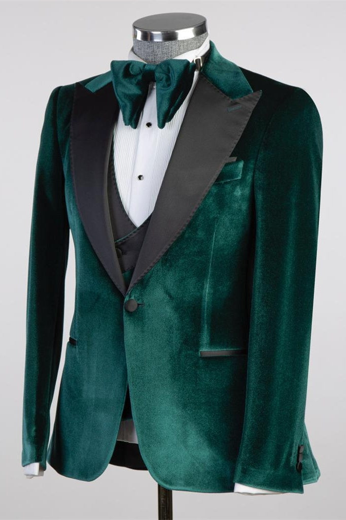 Popular Dark Green Velvet 3 Pieces Prom Suits With Waistcoat