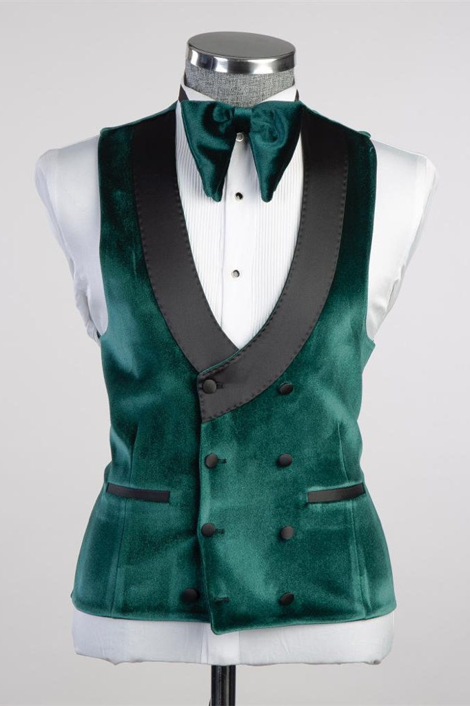 Popular Dark Green Velvet 3 Pieces Prom Suits With Waistcoat