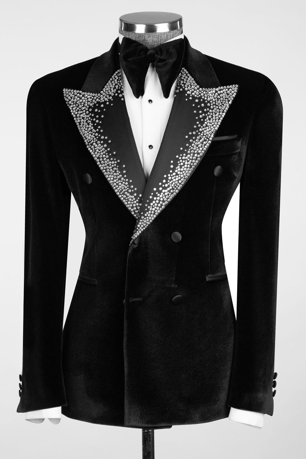 Bespoke Black Velvet Double Breasted Beadings Lapel Prom Men Suits