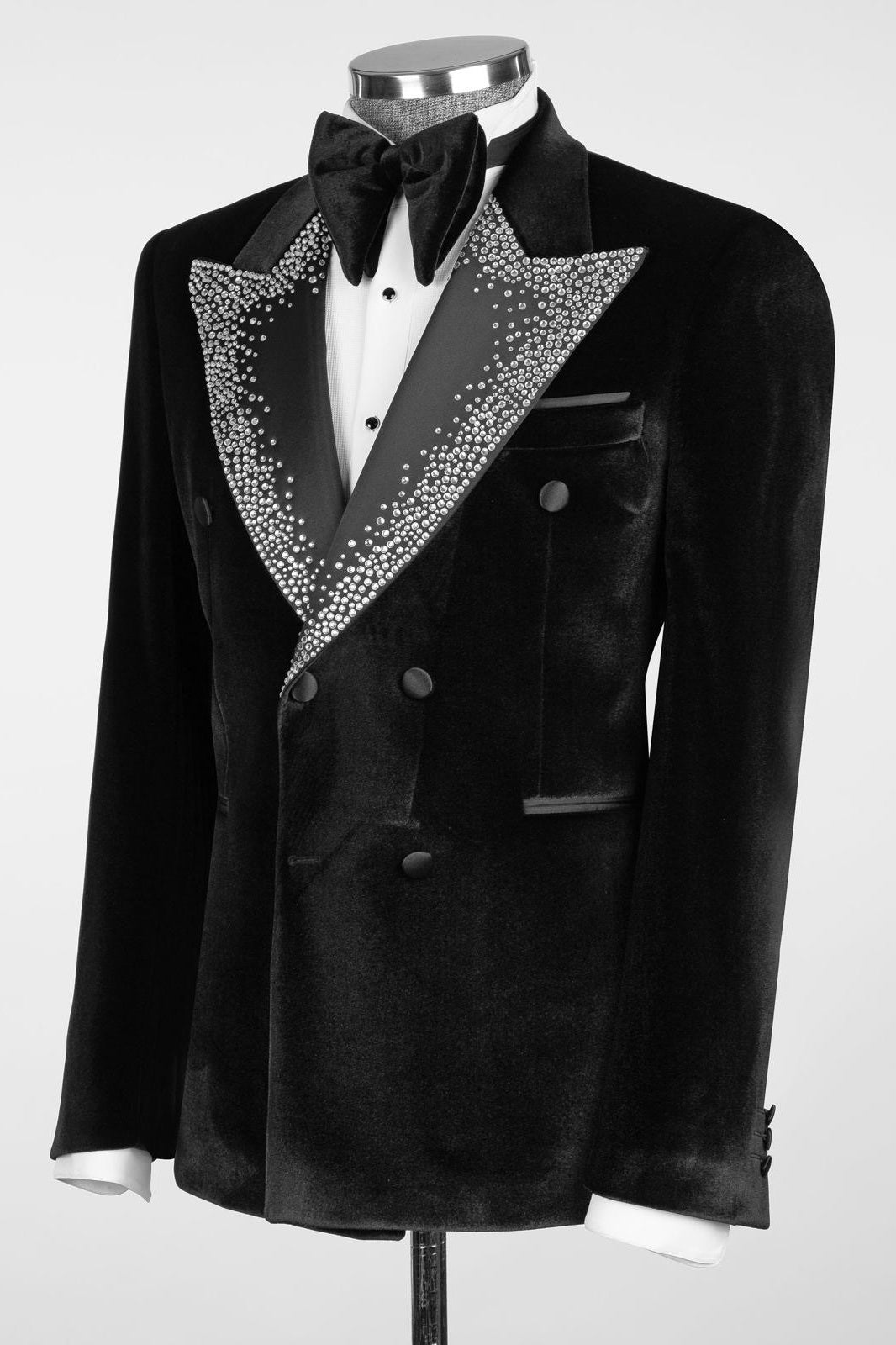 Bespoke Black Velvet Double Breasted Beadings Lapel Prom Men Suits