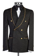 Charming Black Jacquard Double Breasted Prom Suits With Gold Beading