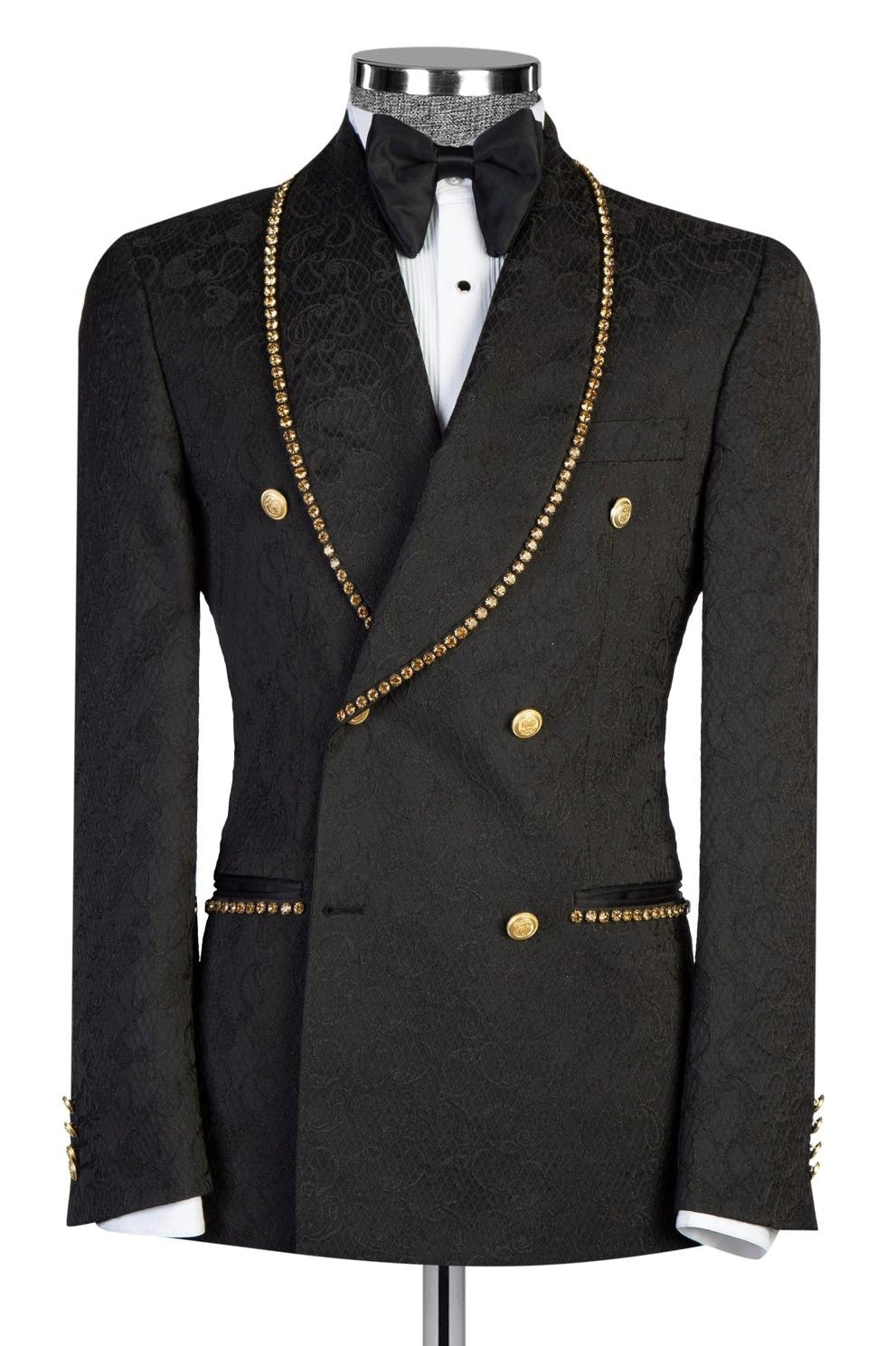 Charming Black Jacquard Double Breasted Prom Suits With Gold Beading