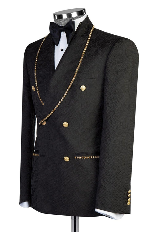 Charming Black Jacquard Double Breasted Prom Suits With Gold Beading
