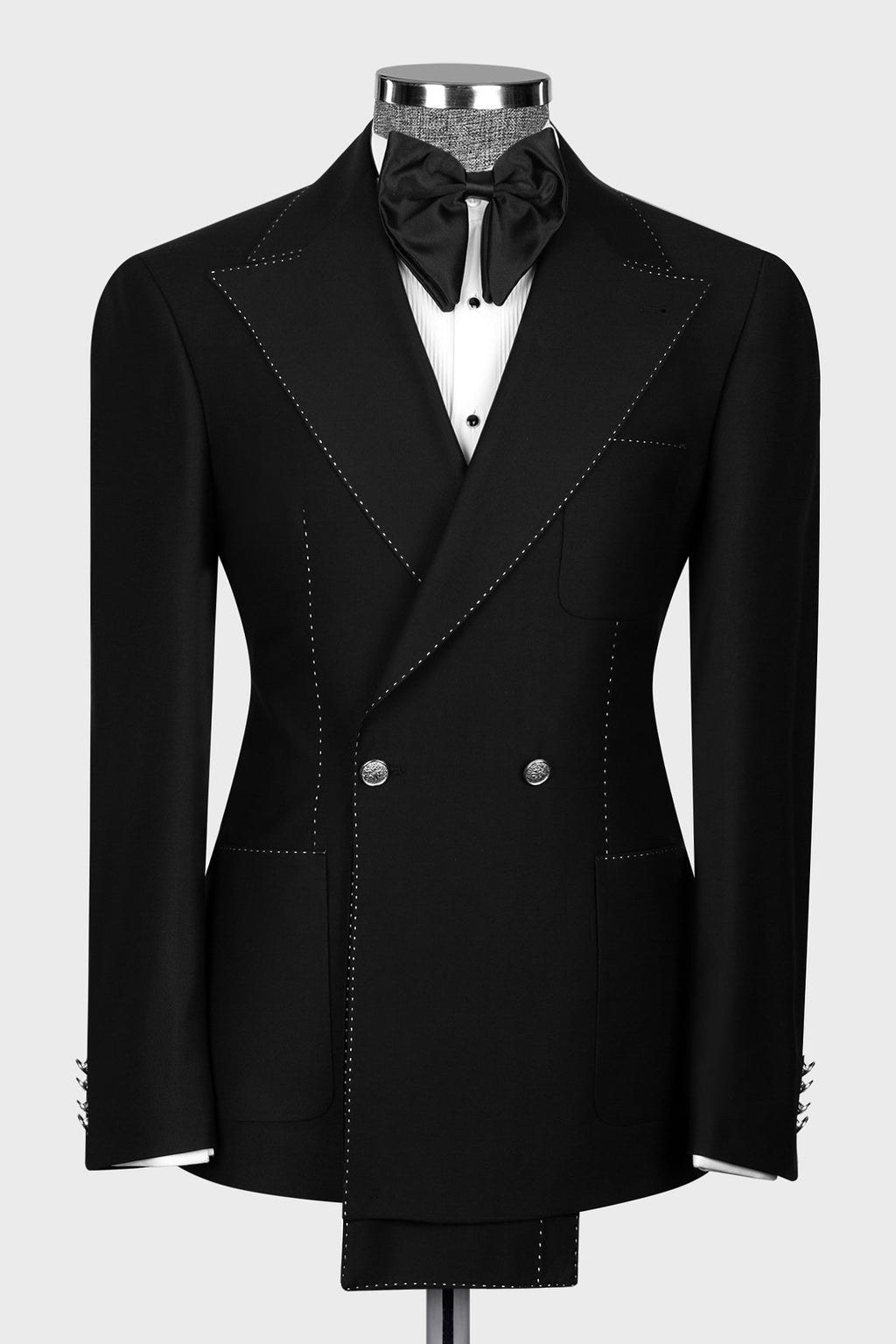 Stylish Black Peak Lapel Double Breasted White Seam Men’s Suit