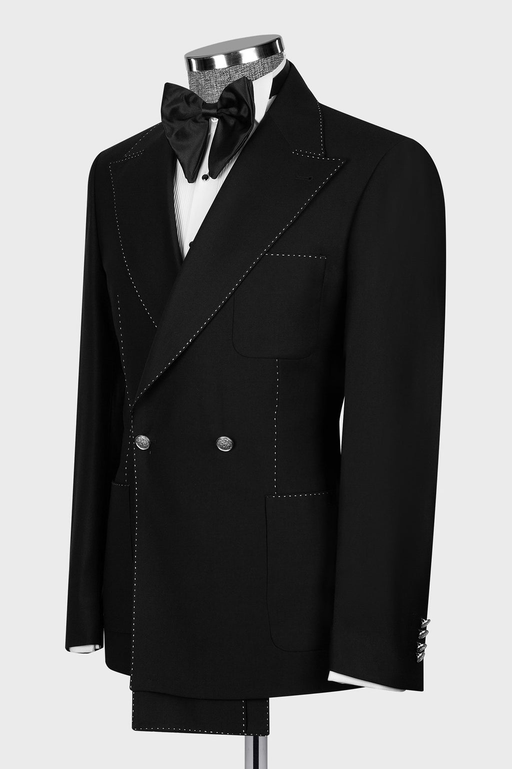 Stylish Black Peak Lapel Double Breasted White Seam Men’s Suit