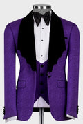 Newest 3 Piece Purple Jacquard Black Lapel Men’s Suit