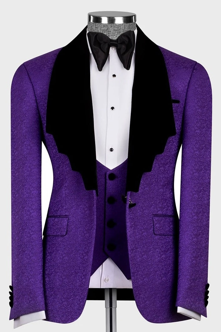 Newest 3 Piece Purple Jacquard Black Lapel Men’s Suit