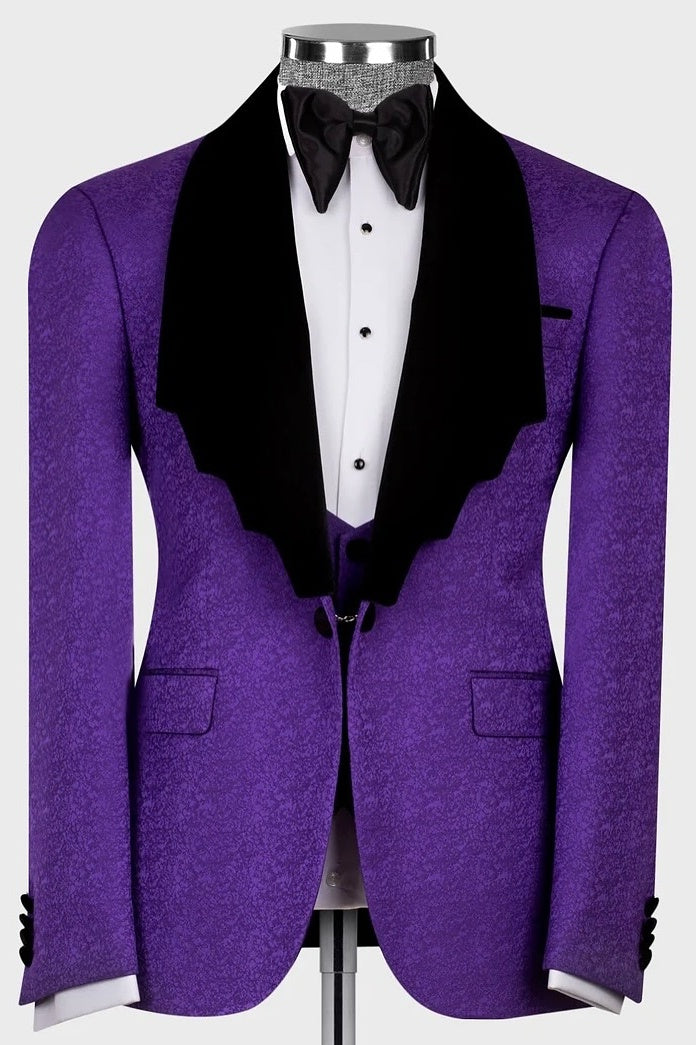 Newest 3 Piece Purple Jacquard Black Lapel Men’s Suit