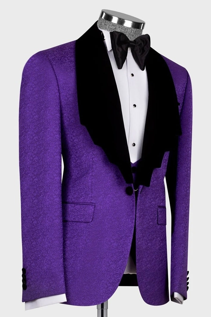 Newest 3 Piece Purple Jacquard Black Lapel Men’s Suit