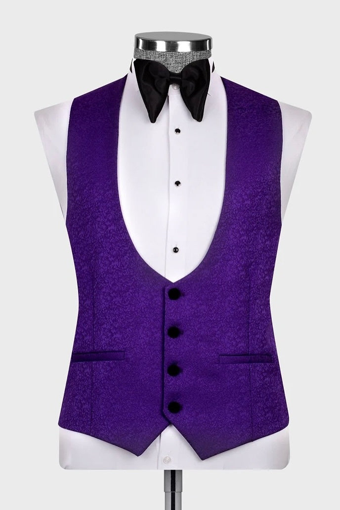 Newest 3 Piece Purple Jacquard Black Lapel Men’s Suit
