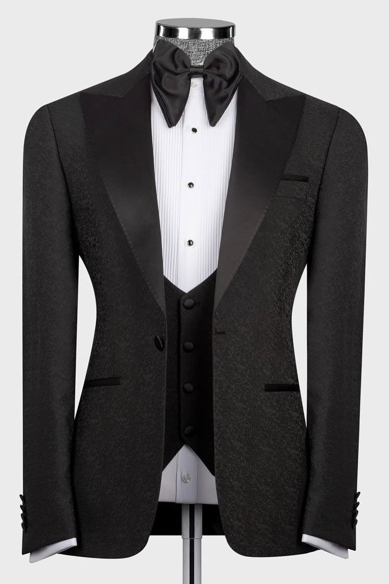 Gentle Black Jacquard 3 Pieces Prom Suits With Satin Lapel