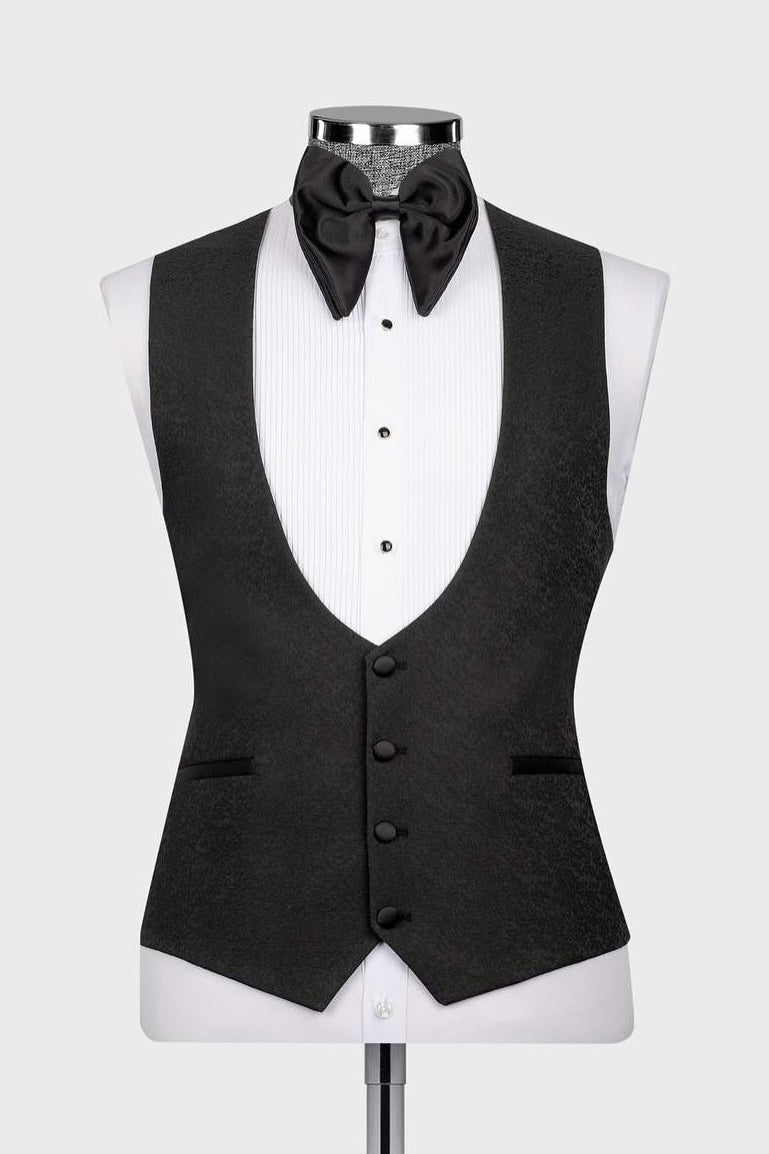 Gentle Black Jacquard 3 Pieces Prom Suits With Satin Lapel
