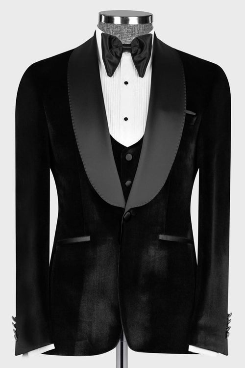 Chic Black Velvet 3 Pieces Shawl Lapel Prom Suits With Belt