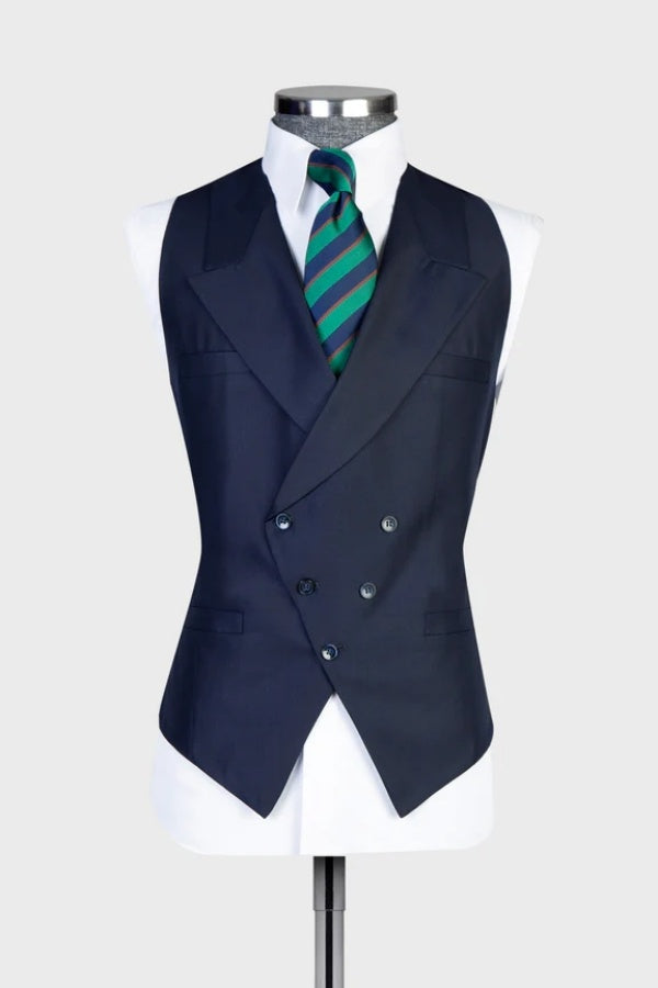 Classic Dark Blue 3 Pieces Close Fitting Business Suits With Vest