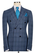 Stylish Dusty Blue Plaid Double Breasted Notched Lapel Business Suits