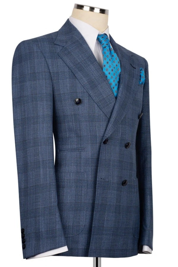 Stylish Dusty Blue Plaid Double Breasted Notched Lapel Business Suits
