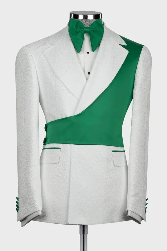 Bespoke White Jacquard Notched Lapel Prom Suits With Green Crossover Satin Panel