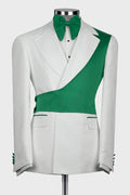 Bespoke White Jacquard Notched Lapel Prom Suits With Green Crossover Satin Panel