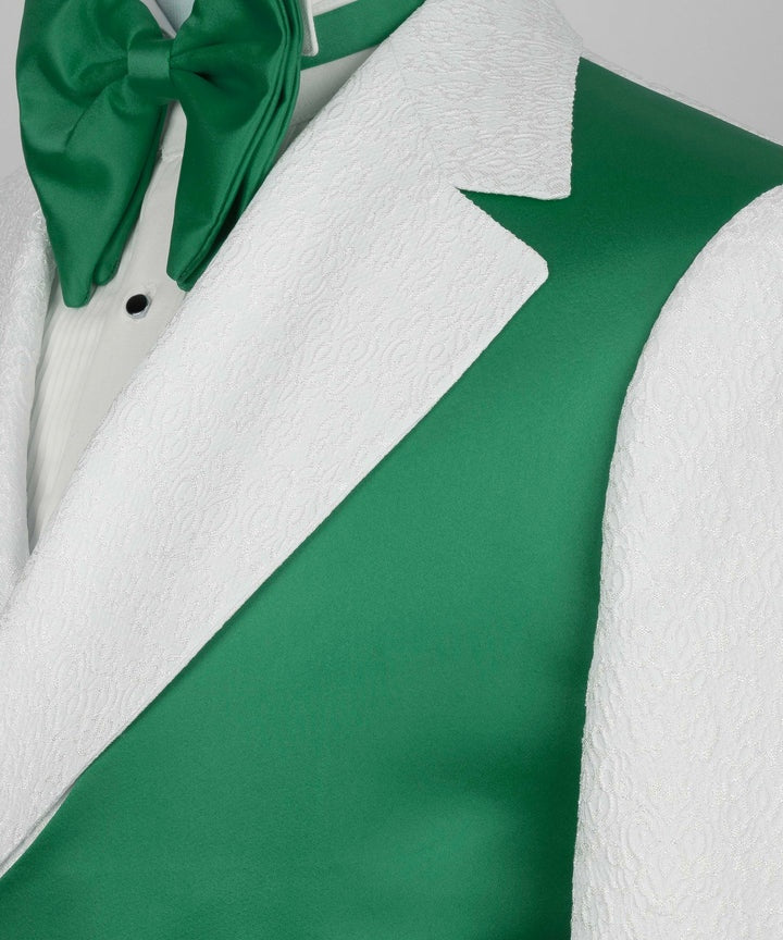 Bespoke White Jacquard Notched Lapel Prom Suits With Green Crossover Satin Panel