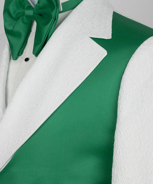 Bespoke White Jacquard Notched Lapel Prom Suits With Green Crossover Satin Panel