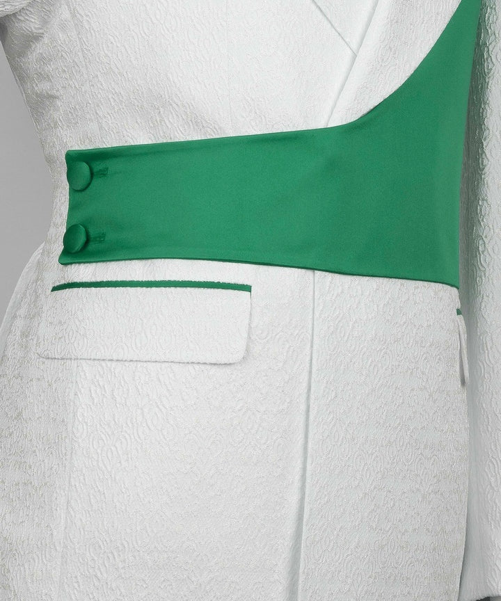 Bespoke White Jacquard Notched Lapel Prom Suits With Green Crossover Satin Panel